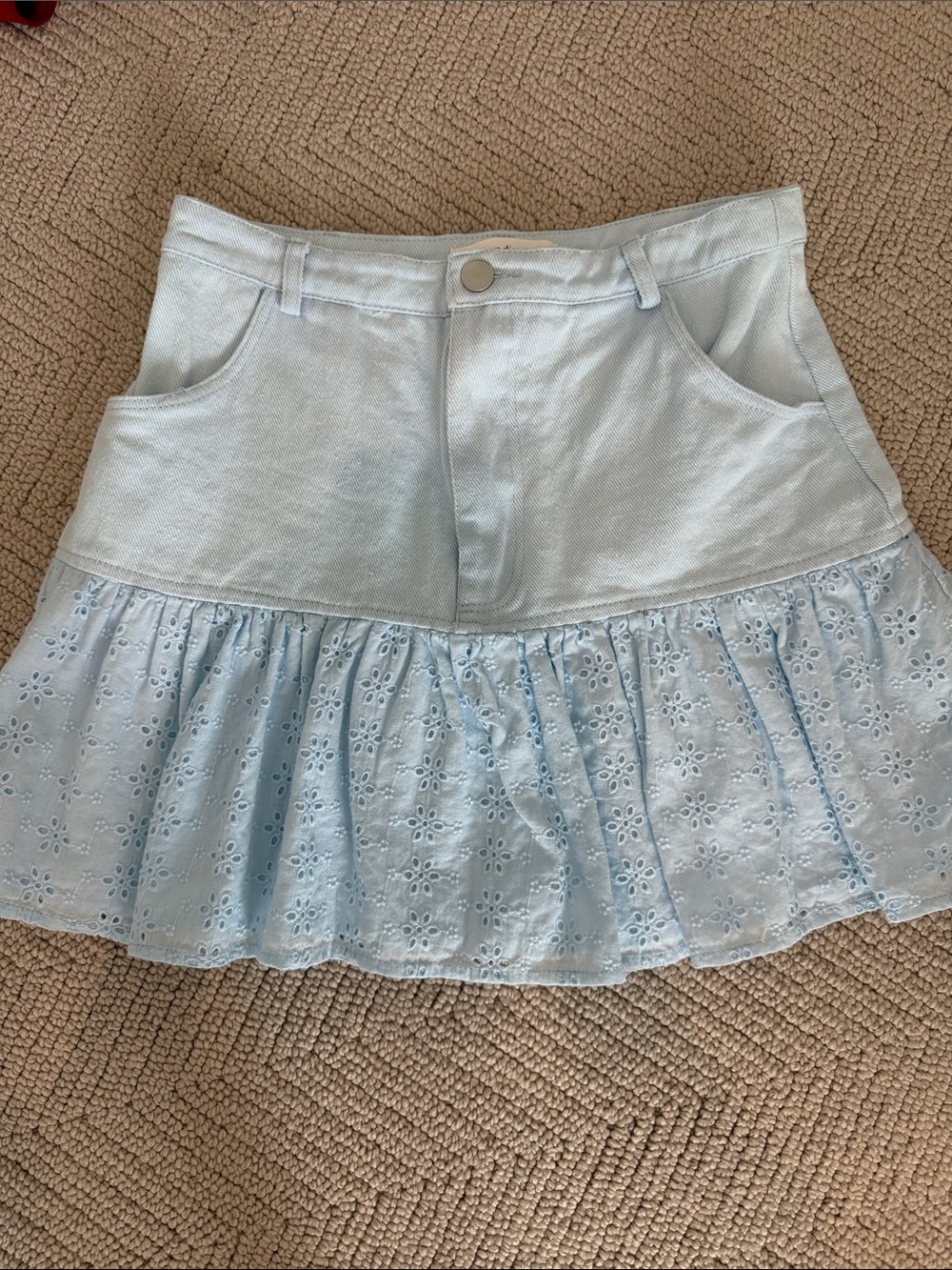 Light Blue Eyelet Ruffle Mini Skirt by